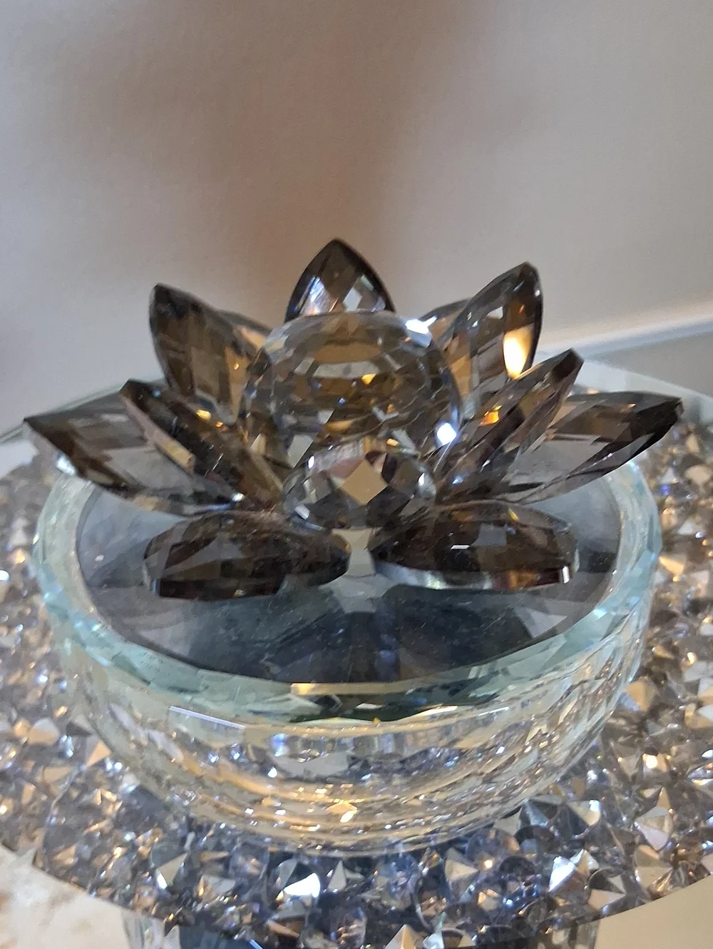 Crystal Lotus Decorative Bowl and Round Glass Jewelry Box - Vanity Accent